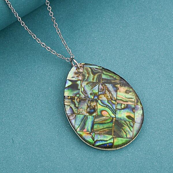 Drop Abalone Shell 16-18 Inches Pendant In Silvertone With Stainless Steel Necklace