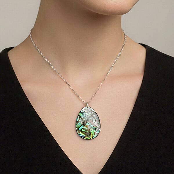 Drop Abalone Shell 16-18 Inches Pendant In Silvertone With Stainless Steel Necklace