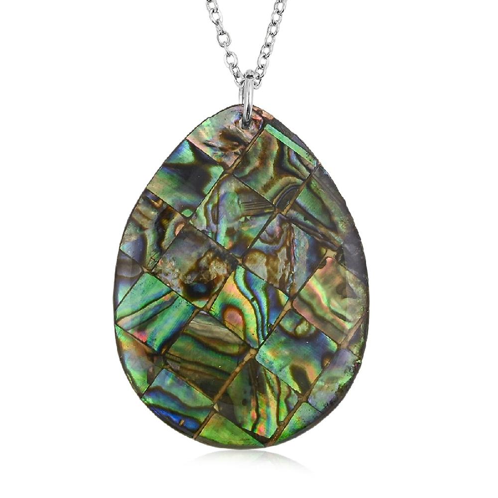 Drop Abalone Shell 16-18 Inches Pendant in Silvertone with Stainless Steel Necklace