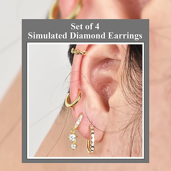 Ear Party Set Of 4 Simulated Diamond 1.30 Ctw Earrings 1 Hoops 1 Studded & 1 Plain Huggies 1 Criss-cross Ear Cuffs In 14K YG Over Sterling Silver