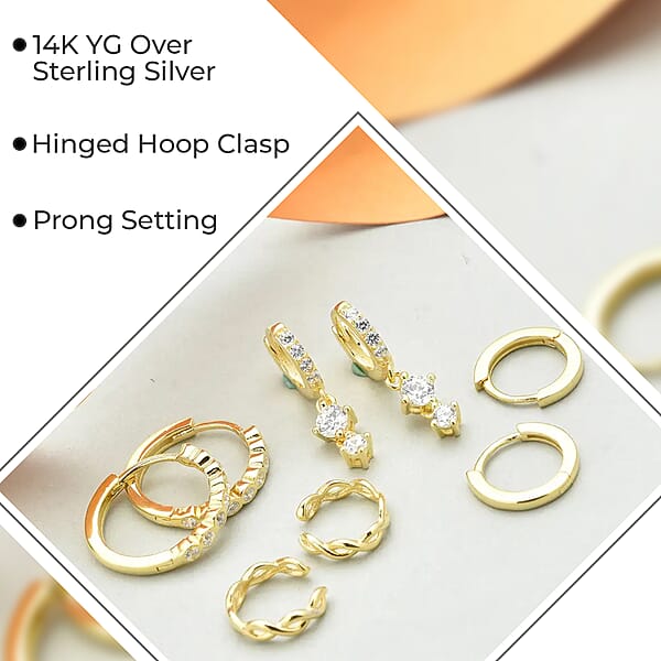 Ear Party Set Of 4 Simulated Diamond 1.30 Ctw Earrings 1 Hoops 1 Studded & 1 Plain Huggies 1 Criss-cross Ear Cuffs In 14K YG Over Sterling Silver
