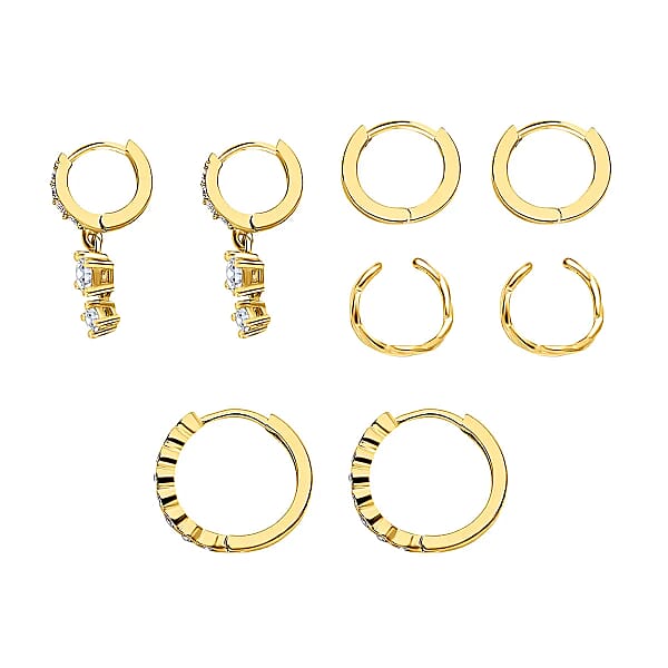 Ear Party Set Of 4 Simulated Diamond 1.30 Ctw Earrings 1 Hoops 1 Studded & 1 Plain Huggies 1 Criss-cross Ear Cuffs In 14K YG Over Sterling Silver