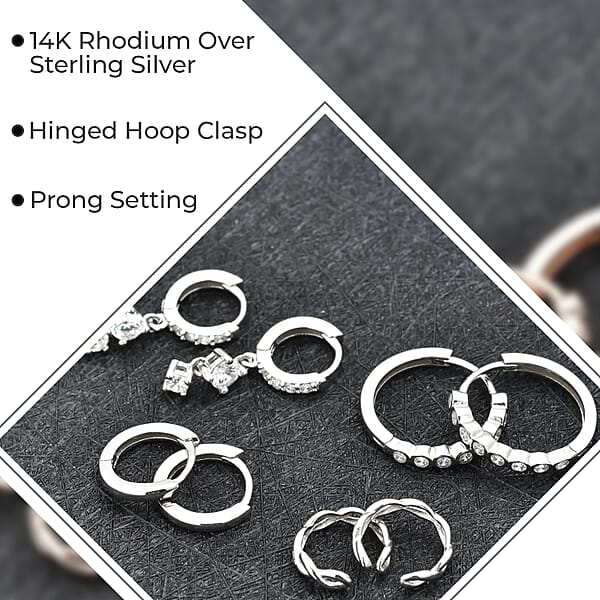 Ear Party Set Of 4 Simulated Diamond 1.30 Ctw Earrings 1 Hoops 1 Studded & 1 Plain Huggies 1 Criss-cross Ear Cuffs In Rhodium Over Sterling Silver