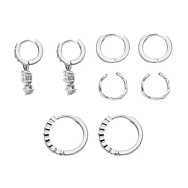 Ear Party Set Of 4 Simulated Diamond 1.30 Ctw Earrings 1 Hoops 1 Studded & 1 Plain Huggies 1 Criss-cross Ear Cuffs In Rhodium Over Sterling Silver