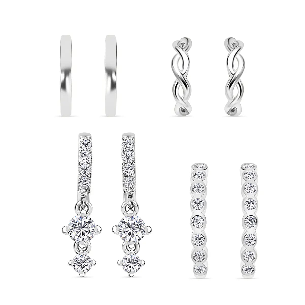 Ear Party Set of 4 Simulated Diamond 1.30 ctw Earrings 1 Hoops 1 Studded & 1 Plain Huggies 1 Criss-cross Ear Cuffs in Rhodium Over Sterling Silver