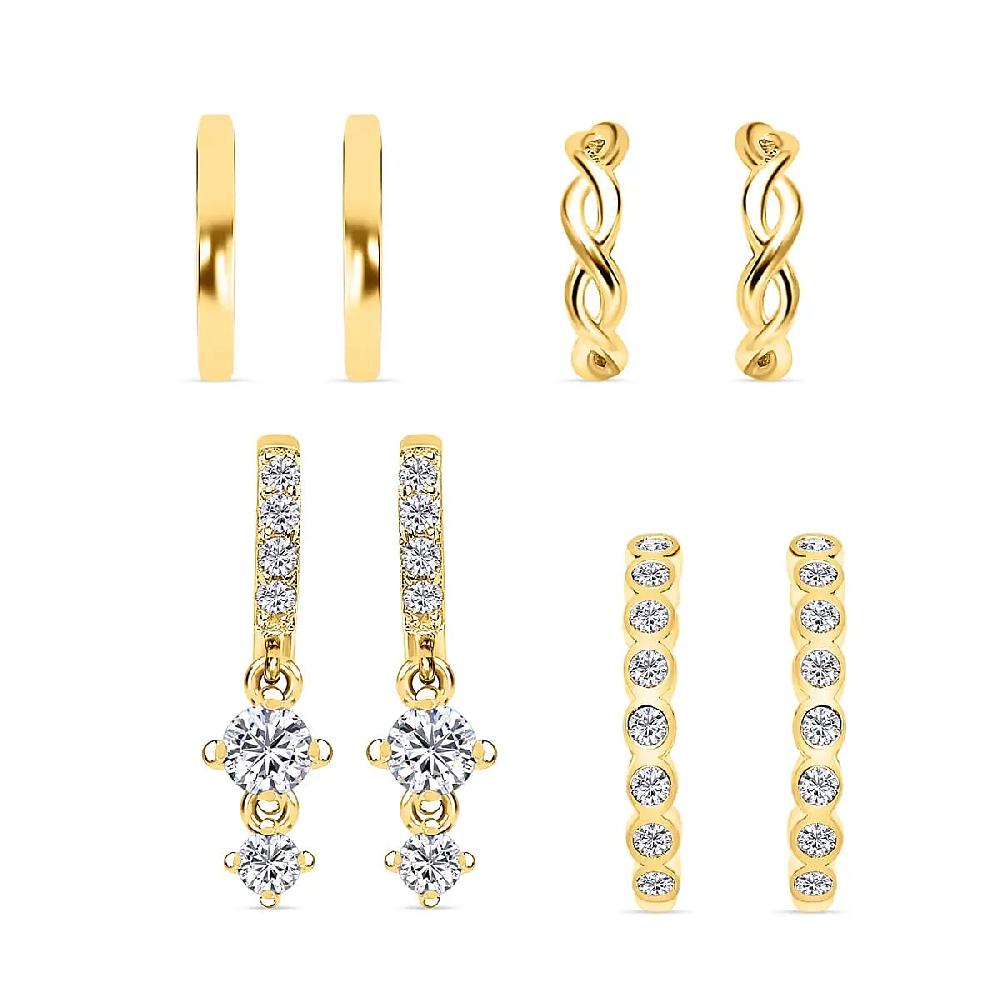 Ear Party Set of 4 Simulated Diamond 1.30 ctw Earrings 1 Hoops 1 Studded & 1 Plain Huggies 1 Criss-cross Ear Cuffs in 14K YG Over Sterling Silver