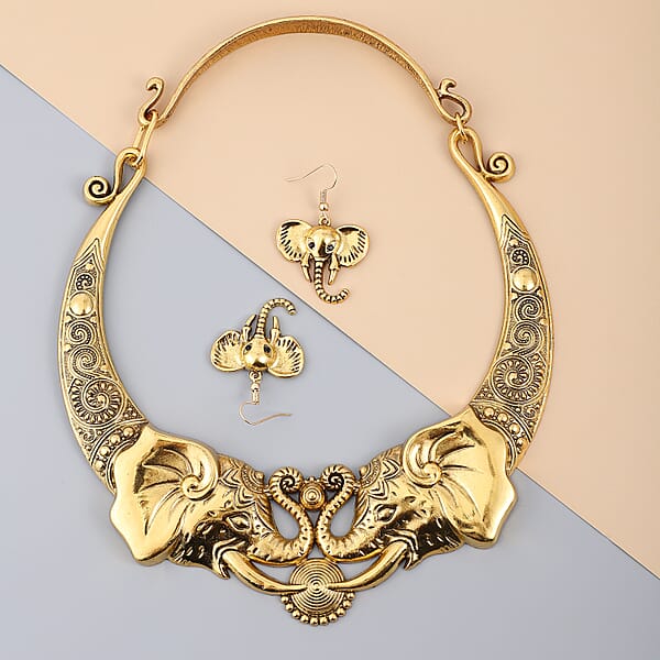 Elephant Earrings And Necklace Set In Goldtone 16 Inches Chunky Statement Jewelry For Women