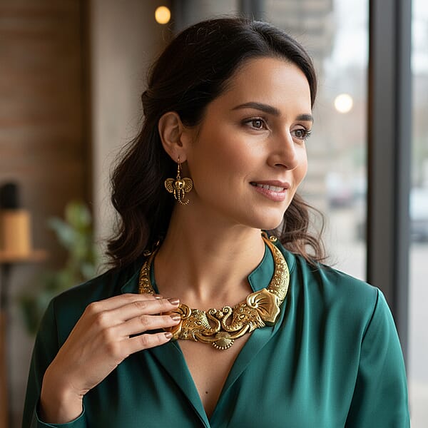 Elephant Earrings And Necklace Set In Goldtone 16 Inches Chunky Statement Jewelry For Women