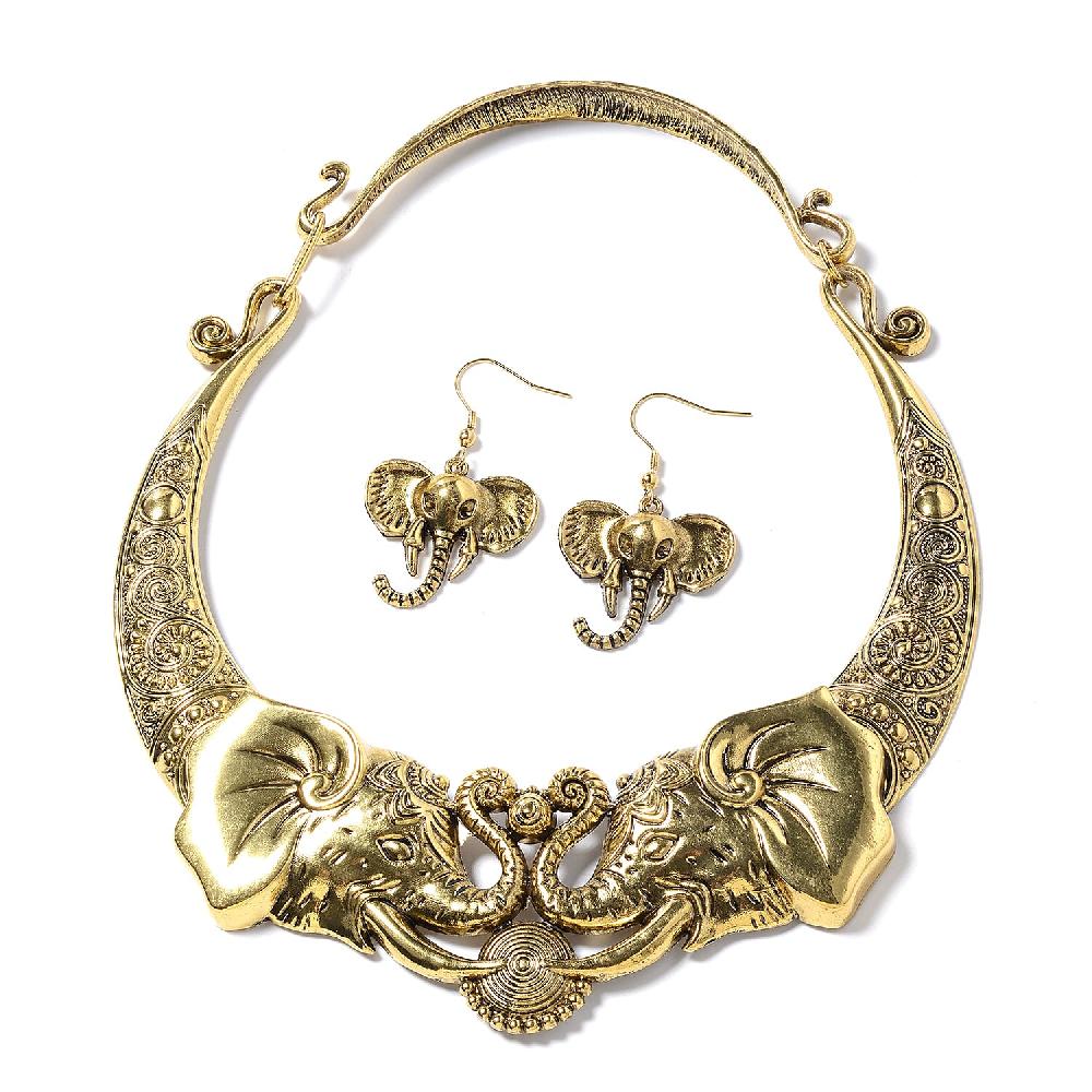 Elephant Earrings and Necklace Set in Goldtone 16 Inches Chunky Statement Jewelry For Women