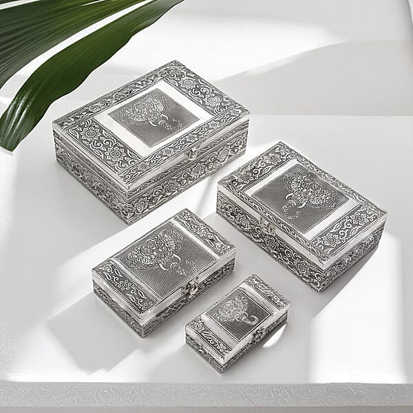 Elephant Embossed Aluminium Oxidized Set Of 4 Nesting Storage Box