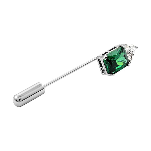 Emerald Cut Simulated Green And White Diamond Barpin In Silvertone 2.35 Ctw