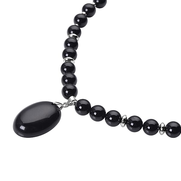 Enhanced Black Agate (D) 180.50 Ctw Beaded Necklace 18-20 Inches With Elongated Matching Pendant In Silvertone