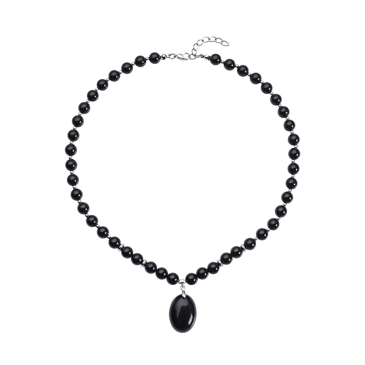 Enhanced Black Agate (D) 180.50 ctw Beaded Necklace 18-20 Inches with Elongated Matching Pendant in Silvertone