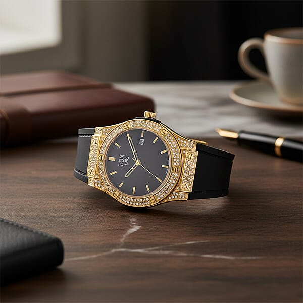 EON 1962 Moissanite Ronda 505 With Date Swiss Movement Watch With Leather Strap In ION Plated YG 3.00 Ctw