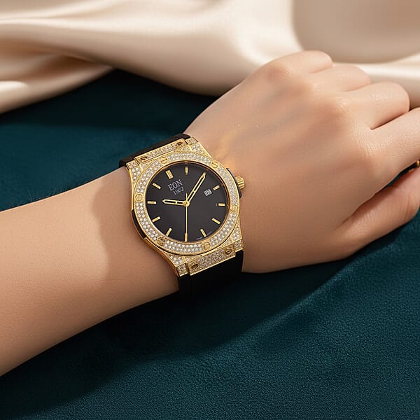 EON 1962 Moissanite Ronda 505 With Date Swiss Movement Watch With Leather Strap In ION Plated YG 3.00 Ctw