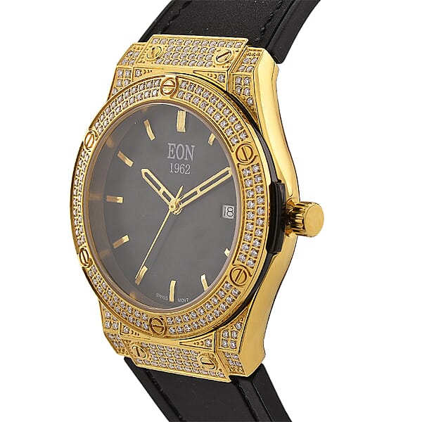 EON 1962 Moissanite Ronda 505 With Date Swiss Movement Watch With Leather Strap In ION Plated YG 3.00 Ctw