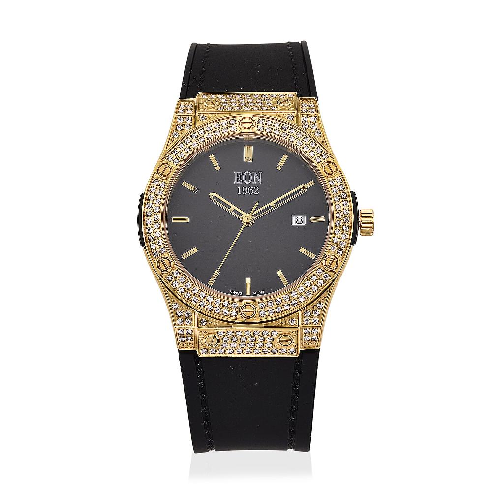EON 1962 Moissanite Ronda 505 with Date Swiss Movement Watch with Leather Strap in ION Plated YG 3.00 ctw