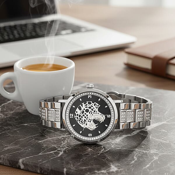 EON 1962 Moissanite Ronda 763 Swiss Movement Leopard Pattern Watch In Stainless Steel 1.20 Ctw