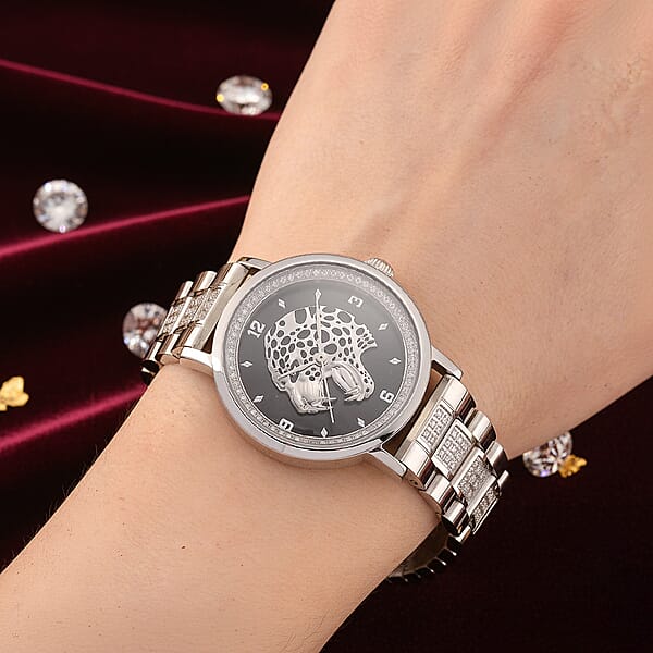 EON 1962 Moissanite Ronda 763 Swiss Movement Leopard Pattern Watch In Stainless Steel 1.20 Ctw