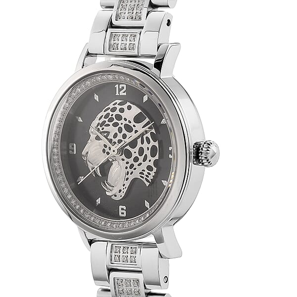 EON 1962 Moissanite Ronda 763 Swiss Movement Leopard Pattern Watch In Stainless Steel 1.20 Ctw