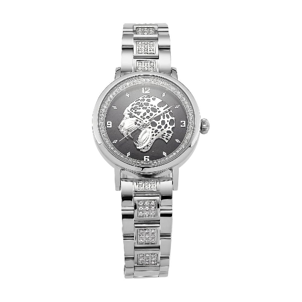 EON 1962 Moissanite Ronda 763 Swiss Movement Leopard Pattern Watch in Stainless Steel 1.20 ctw