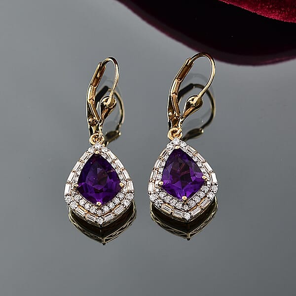 Epic Deal D'Joy AAA Lusaka Amethyst And Moissanite 6.10 Ctw Shield Earrings In 18K Vermeil Yellow Gold Over Sterling Silver