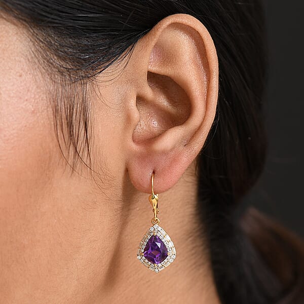 Epic Deal D'Joy AAA Lusaka Amethyst And Moissanite 6.10 Ctw Shield Earrings In 18K Vermeil Yellow Gold Over Sterling Silver