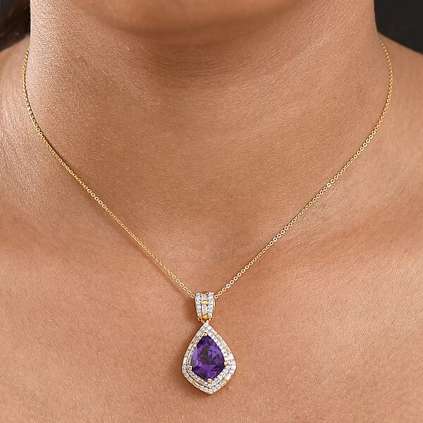 Epic Deal D'Joy AAA Lusaka Amethyst And Moissanite 5.80 Ctw Shield Pendant Necklace 20 Inches In 18K Vermeil Yellow Gold Over Sterling Silver