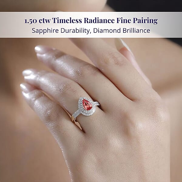 Epic Deal Luxoro 14K Yellow Gold AAA Padparadscha Sapphire (BT) Diamond (G-H I2) (0.40 Cts) Double Halo Ring 1.50 Ctw