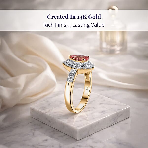 Epic Deal Luxoro 14K Yellow Gold AAA Padparadscha Sapphire (BT) Diamond (G-H I2) (0.40 Cts) Double Halo Ring 1.50 Ctw
