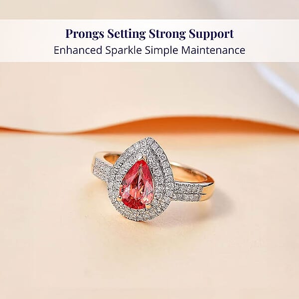 Epic Deal Luxoro 14K Yellow Gold AAA Padparadscha Sapphire (BT) Diamond (G-H I2) (0.40 Cts) Double Halo Ring 1.50 Ctw