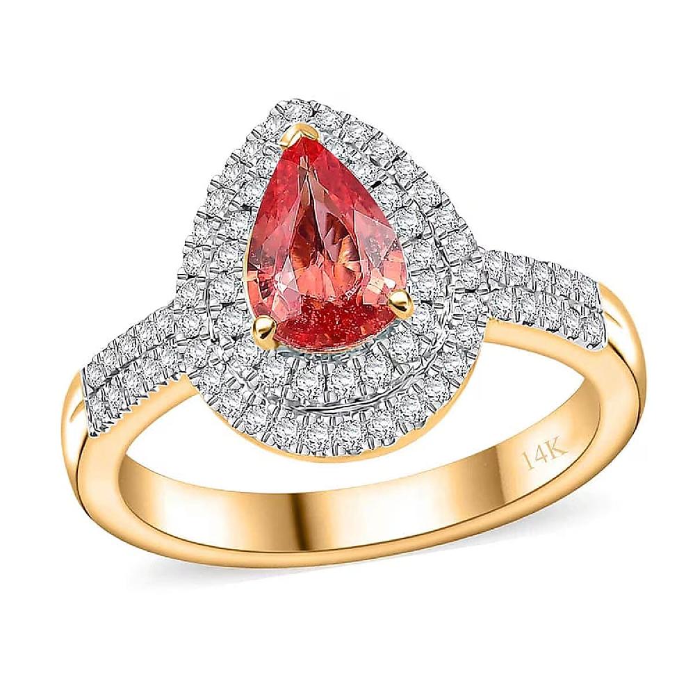 Epic Deal Luxoro 14K Yellow Gold AAA Padparadscha Sapphire (BT) Diamond (G-H I2) (0.40 cts) Double Halo Ring 1.50 ctw