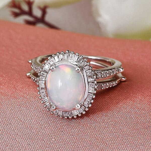 Ethiopian Welo Opal And Diamond Halo Ring In Platinum Over Sterling Silver 1.90 Ctw