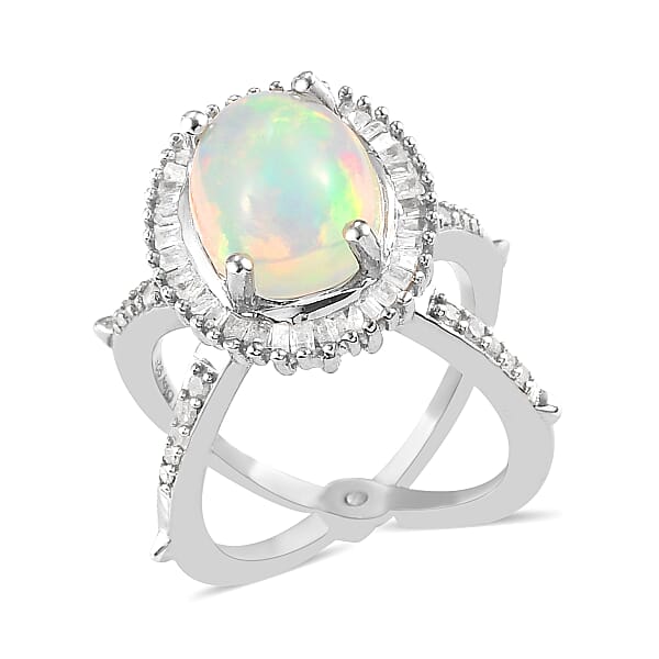 Ethiopian Welo Opal And Diamond Halo Ring In Platinum Over Sterling Silver 1.90 Ctw
