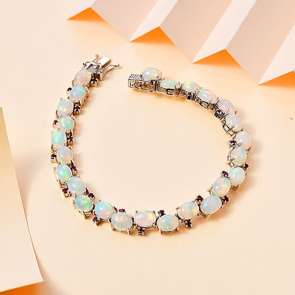 Ethiopian Welo Opal And Orissa Rhodolite Garnet Bracelet In Platinum Over Sterling Silver (8.00 In) 21.00 Ctw