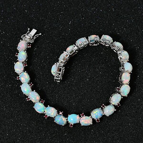 Ethiopian Welo Opal And Orissa Rhodolite Garnet Bracelet In Platinum Over Sterling Silver (8.00 In) 21.00 Ctw