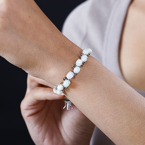 Ethiopian Welo Opal And Orissa Rhodolite Garnet Bracelet In Platinum Over Sterling Silver (8.00 In) 21.00 Ctw