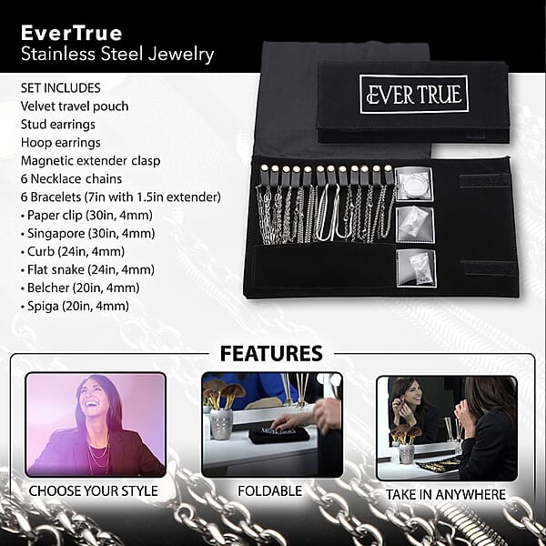 EverTrue 15 Pieces Jewelry Set Set Of Necklace Bracelet Earrings And Extender 18K White Gold Plated Stainless Steel Jewelry Set Free Velvet Travel Organizer Pouch