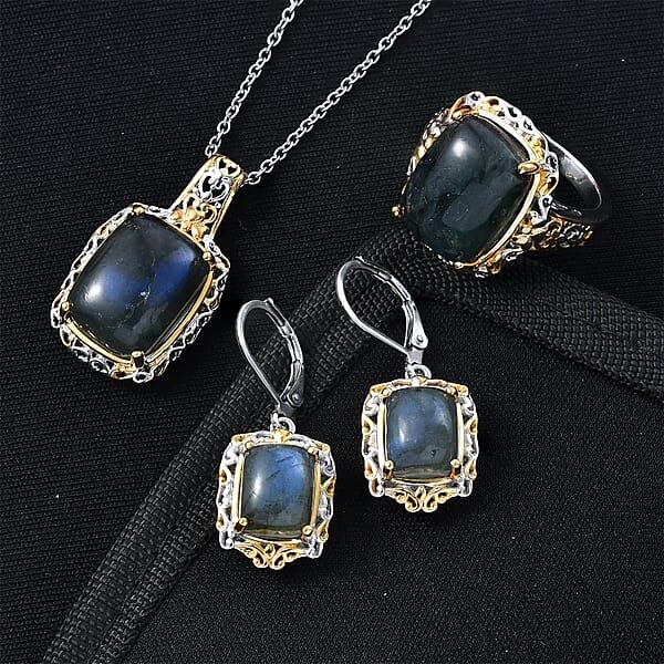 EverTrue 3 Piece Set - Malagasy Labradorite 30.40 Ctw Earrings Ring And Pendant In ION Plated 18K YG And Platinum Bond With Stainless Steel Necklace 20 Inches (Del. In 7-10 Days)