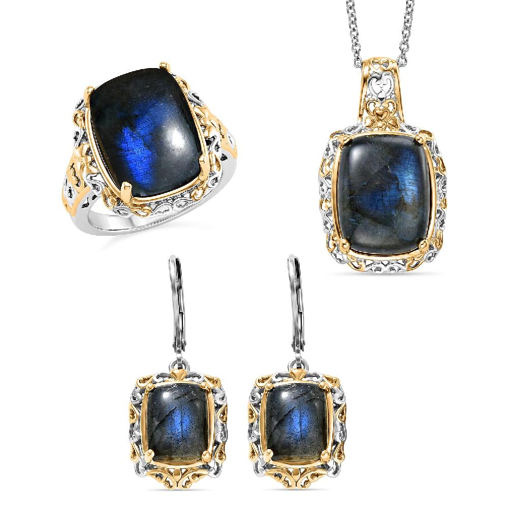 EverTrue 3 Piece Set - Malagasy Labradorite 30.40 ctw Earrings Ring and Pendant in ION Plated 18K YG and Platinum Bond with Stainless Steel Necklace 20 Inches (Del. in 7-10 Days)