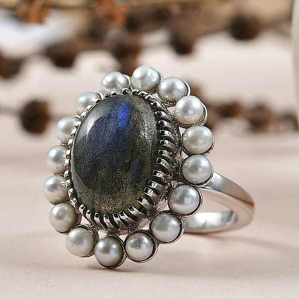EverTrue AAA Malagasy Labradorite Freshwater Pearl Ring In Platinum Bond 6.30 Ctw