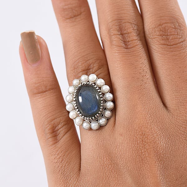 EverTrue AAA Malagasy Labradorite Freshwater Pearl Ring In Platinum Bond 6.30 Ctw
