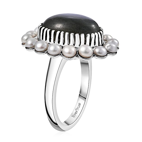 EverTrue AAA Malagasy Labradorite Freshwater Pearl Ring In Platinum Bond 6.30 Ctw