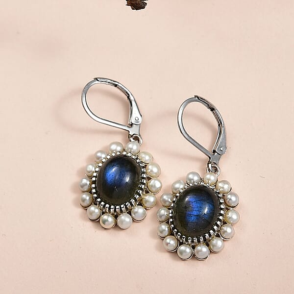 EverTrue AAA Malagasy Labradorite Freshwater Pearl Earrings In Platinum Bond 7.80 Ctw