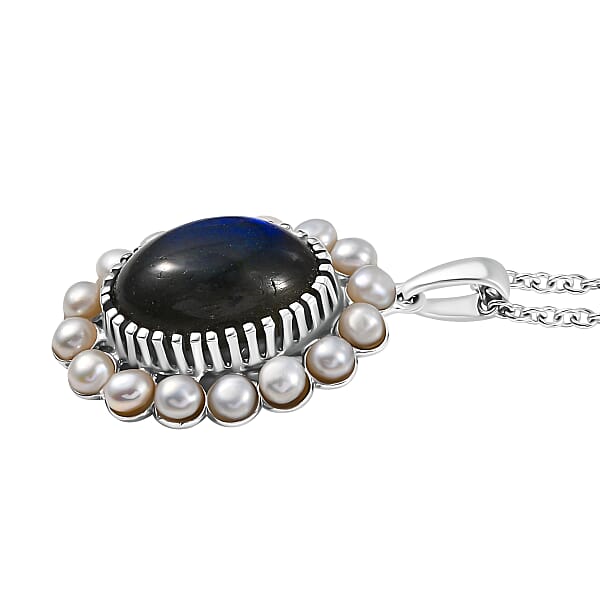 EverTrue AAA Malagasy Labradorite Freshwater Pearl Eclipse Pendant In Platinum Bond With Stainless Steel Necklace 6.10 Ctw (20 Inches)