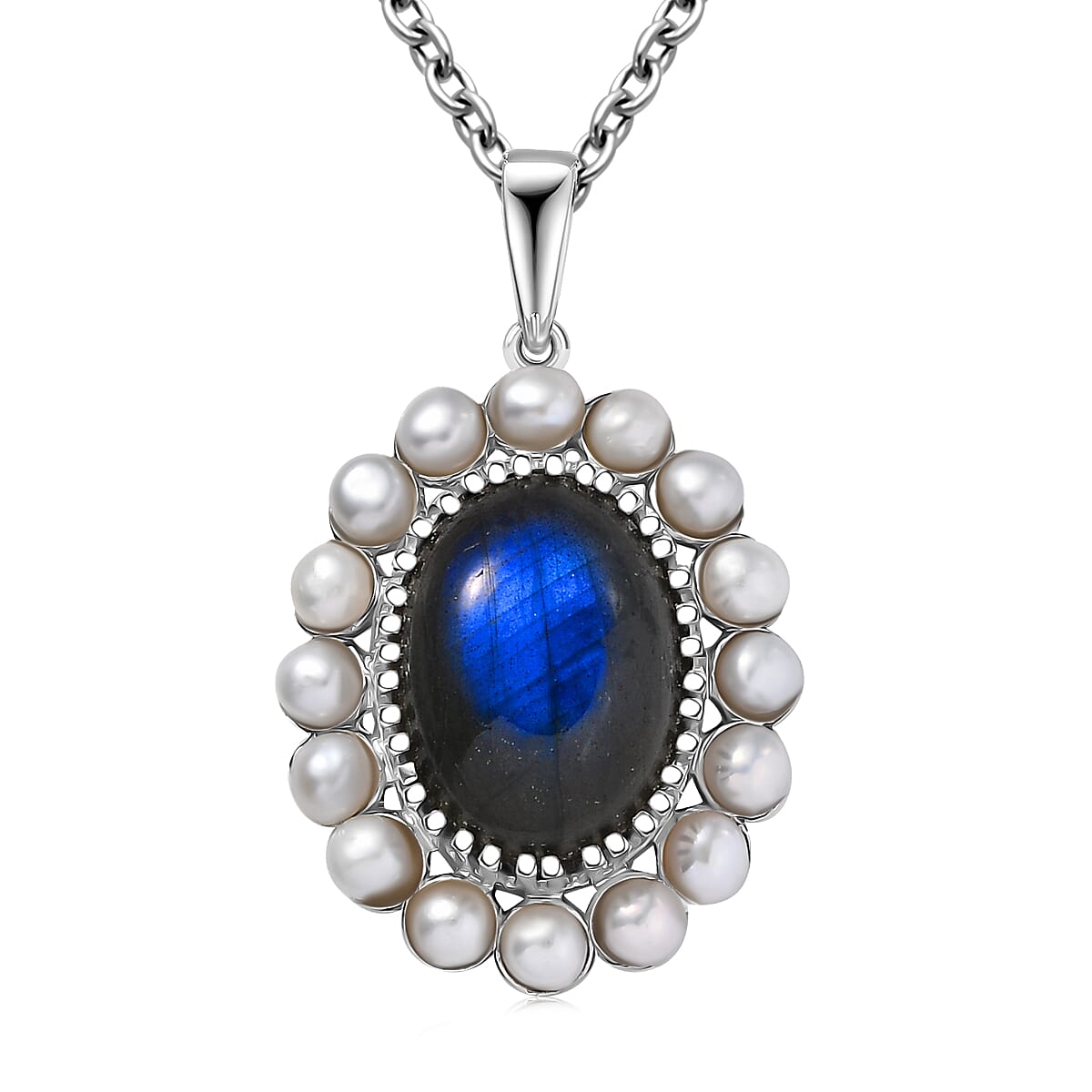 EverTrue AAA Malagasy Labradorite Freshwater Pearl Eclipse Pendant in Platinum Bond with Stainless Steel Necklace 6.10 ctw (20 Inches)
