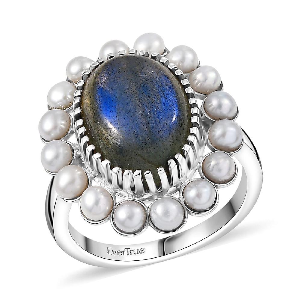 EverTrue AAA Malagasy Labradorite Freshwater Pearl Ring in Platinum Bond 6.30 ctw