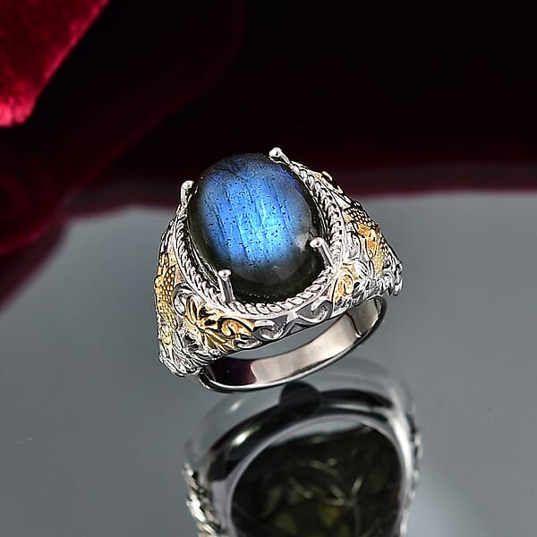 EverTrue AAA Malagasy Labradorite Moonlit Bloom Empress Ring In 18K YG Plated And Platinum Bond 9.70 Ctw