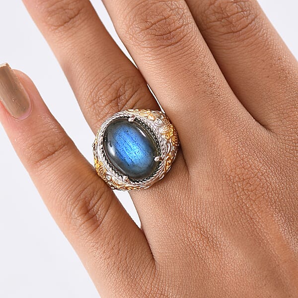 EverTrue AAA Malagasy Labradorite Moonlit Bloom Empress Ring In 18K YG Plated And Platinum Bond 9.70 Ctw