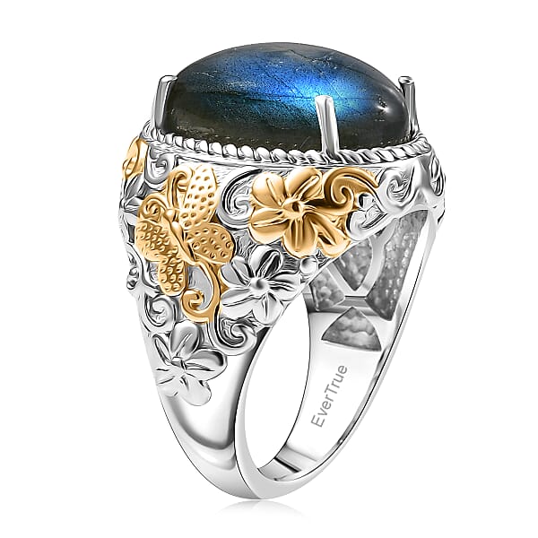 EverTrue AAA Malagasy Labradorite Moonlit Bloom Empress Ring In 18K YG Plated And Platinum Bond 9.70 Ctw